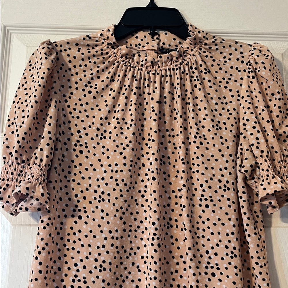 Adrianna Papell Light Peachy Pink Blouse with Black and White Polka Dots